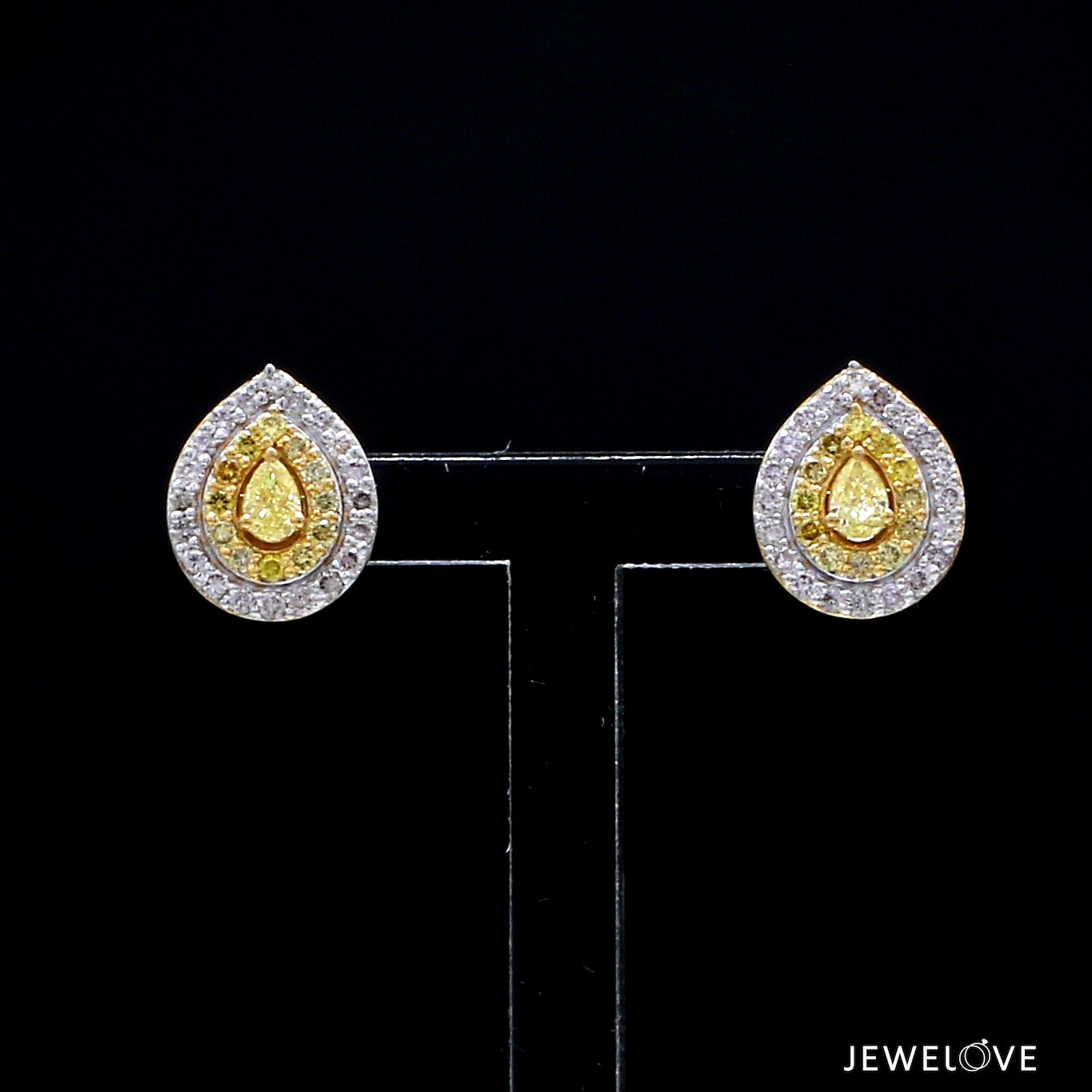 Natural Fancy Color Yellow Diamond  Pear Shape Double Halo 18K Gold Earrings JL AU E 336Y   Jewelove