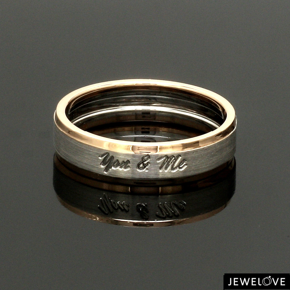Engraved Platinum Love Bands with Rose Gold You & Me Ring JL PT 1404