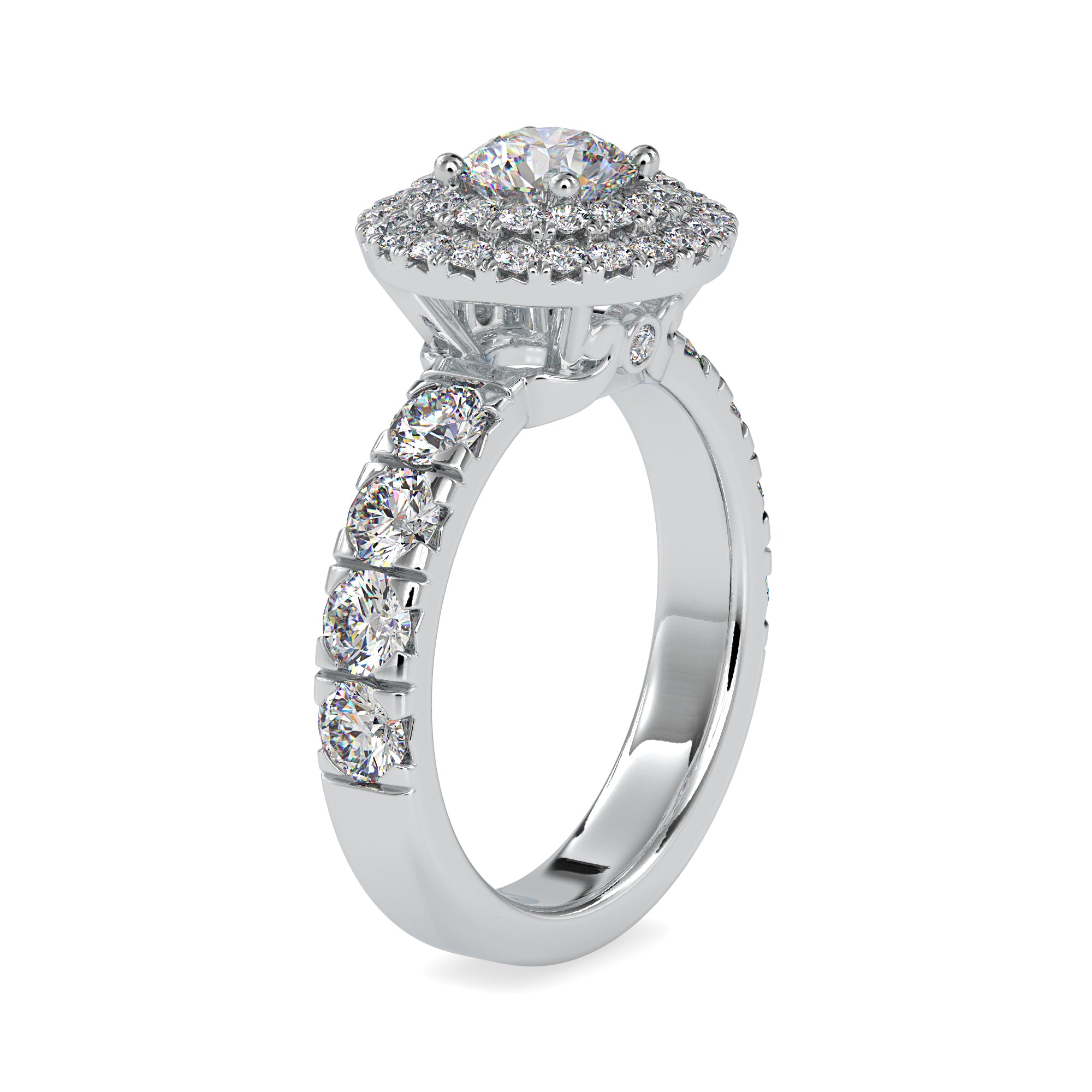 20-Pointer Platinum Double Halo Diamond Shank Engagement Ring JL PT 0039   Jewelove.US