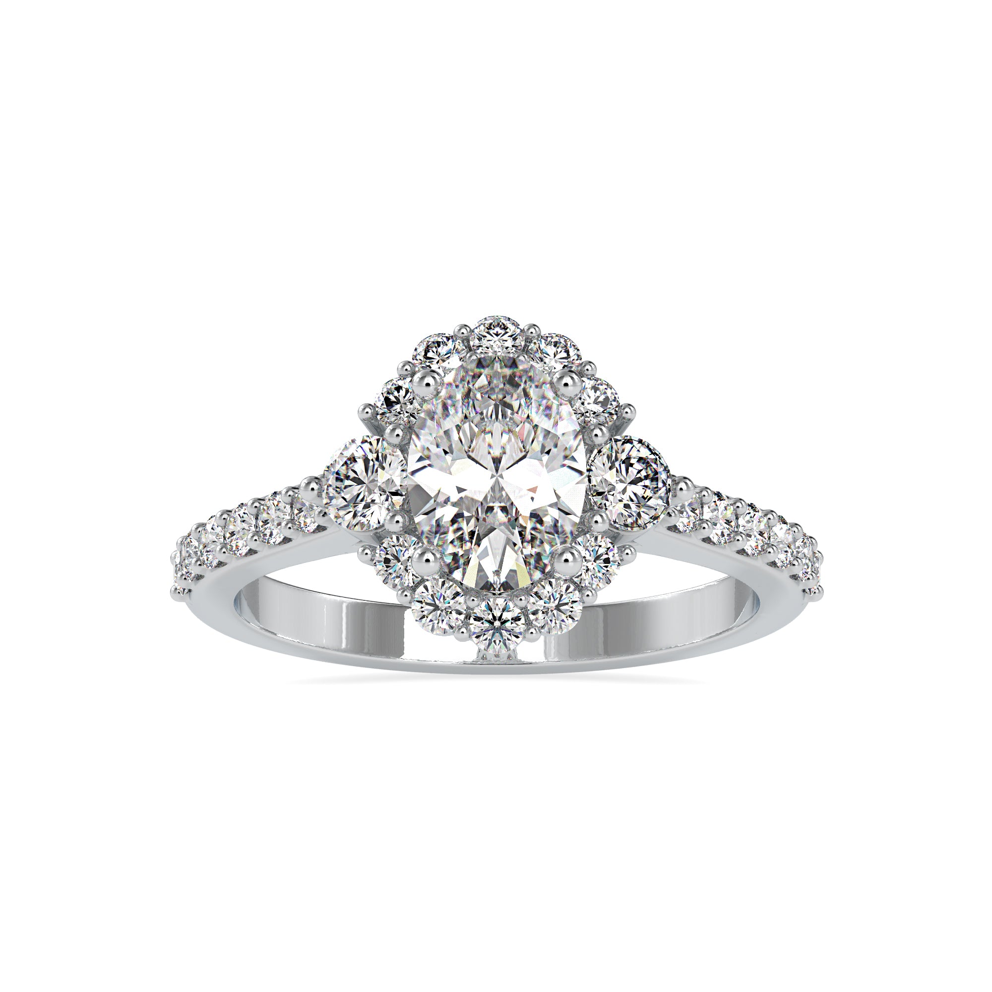 30-Pointer Oval Cut Solitaire Halo Diamond Accents Shank Ring JL PT 0059