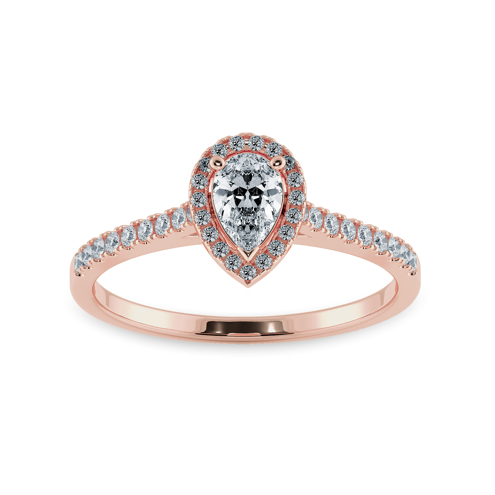 0.50cts. Pear Cut Solitaire Halo Diamond Shank 18K Rose Gold Ring JL AU 1200R-A   Jewelove.US