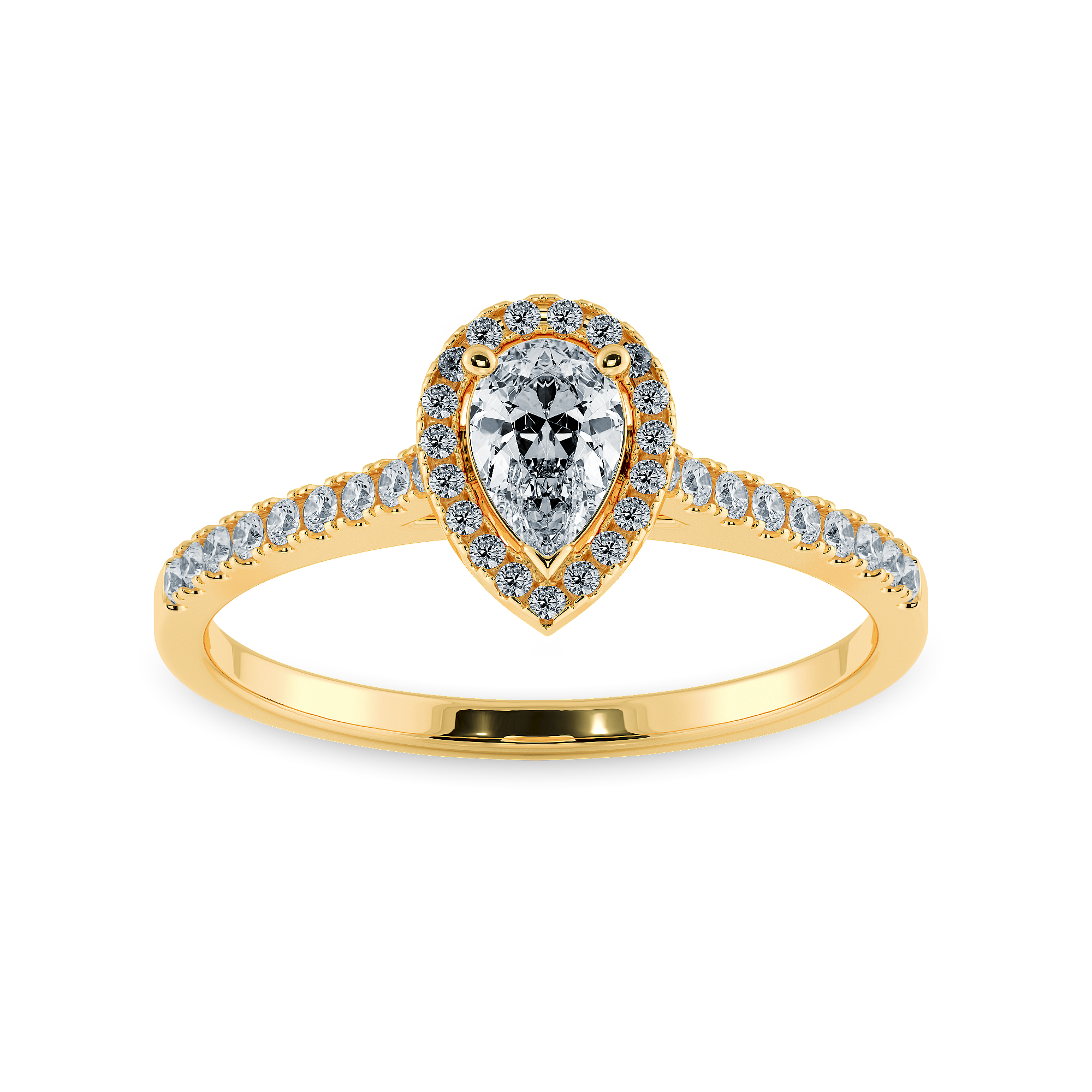 0.70cts. Pear Cut Solitaire Halo Diamond Shank 18K Yellow Gold Ring JL AU 1200Y-B   Jewelove.US
