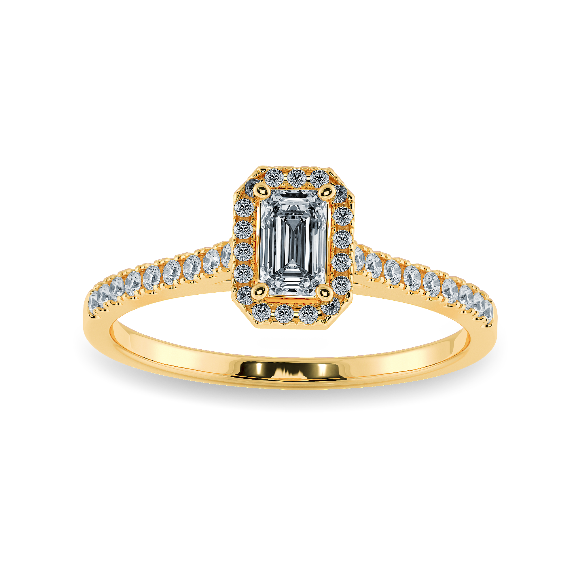 0.30cts. Emerald Cut Solitaire Halo Diamond Shank 18K Yellow Gold Ring JL AU 1197Y   Jewelove.US