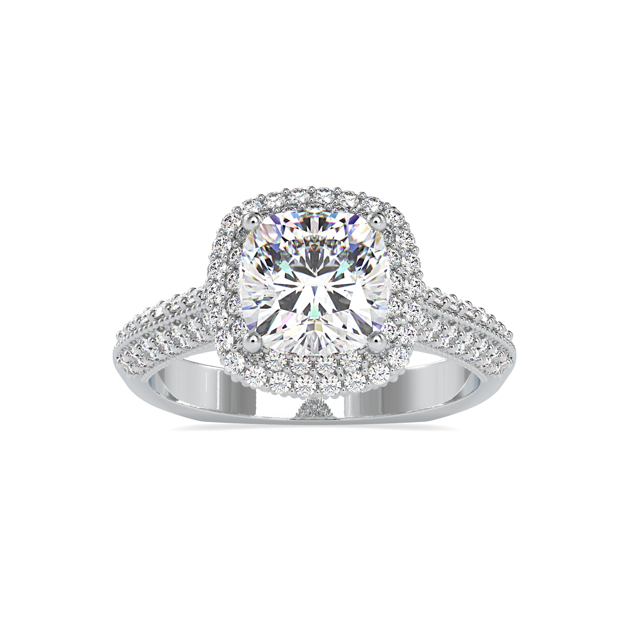 0.50cts. Cushion Cut Solitaire Platinum Double Halo Split Shank Engagement Ring JL PT 0102