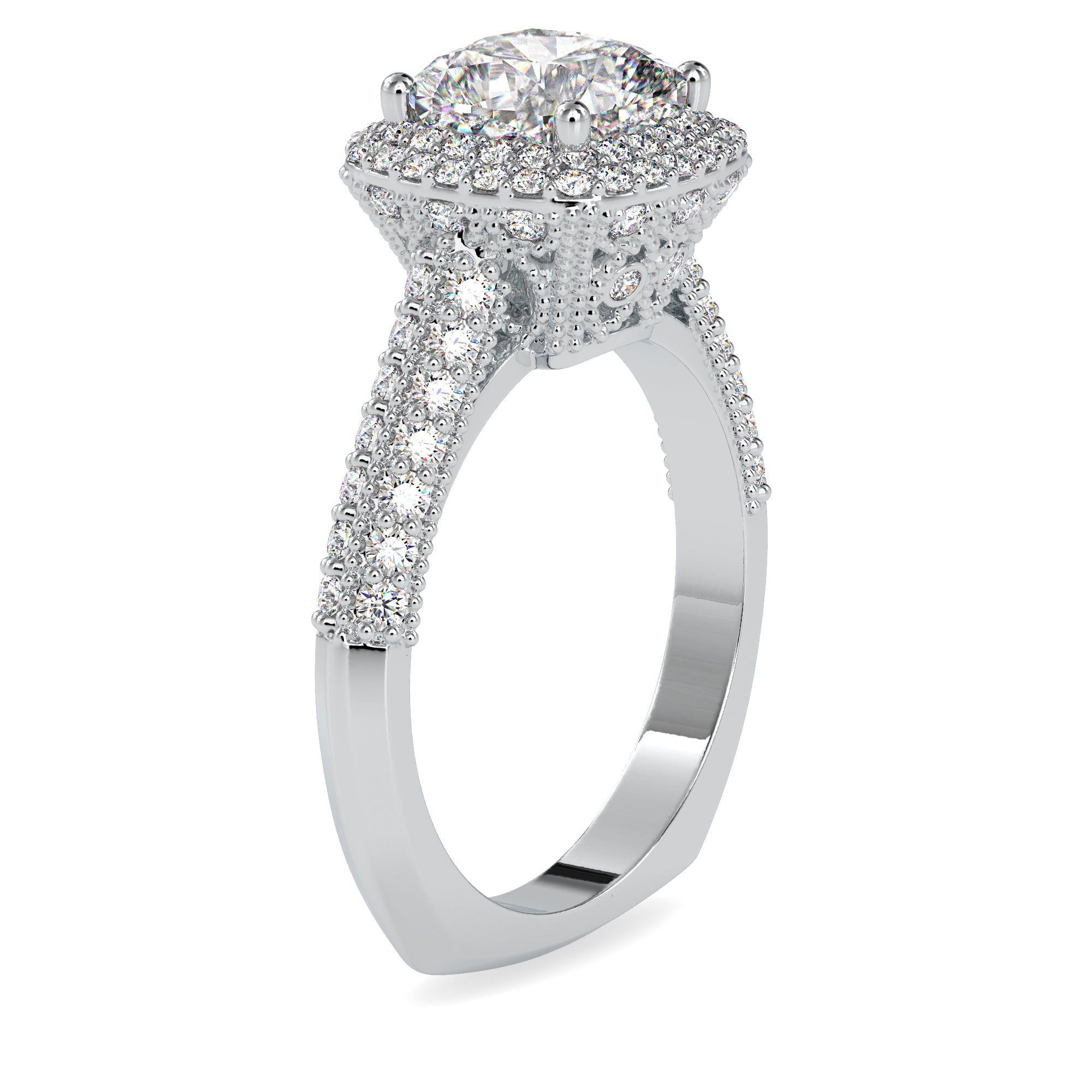 0.50cts. Cushion Cut Solitaire Platinum Double Halo Split Shank Engagement Ring JL PT 0102