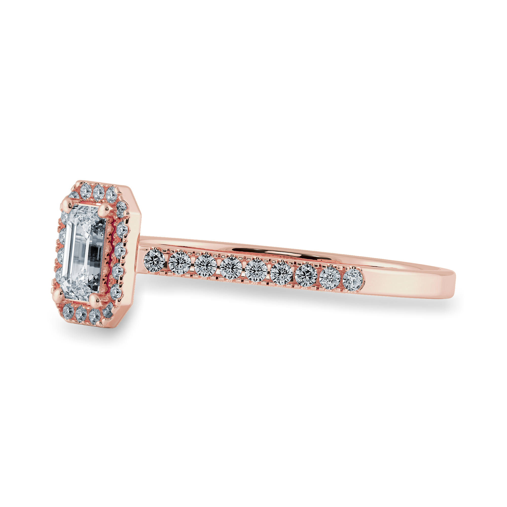 0.50cts. Emerald Cut Solitaire Halo Diamond Shank 18K Rose Gold Ring JL AU 1197R-A   Jewelove.US