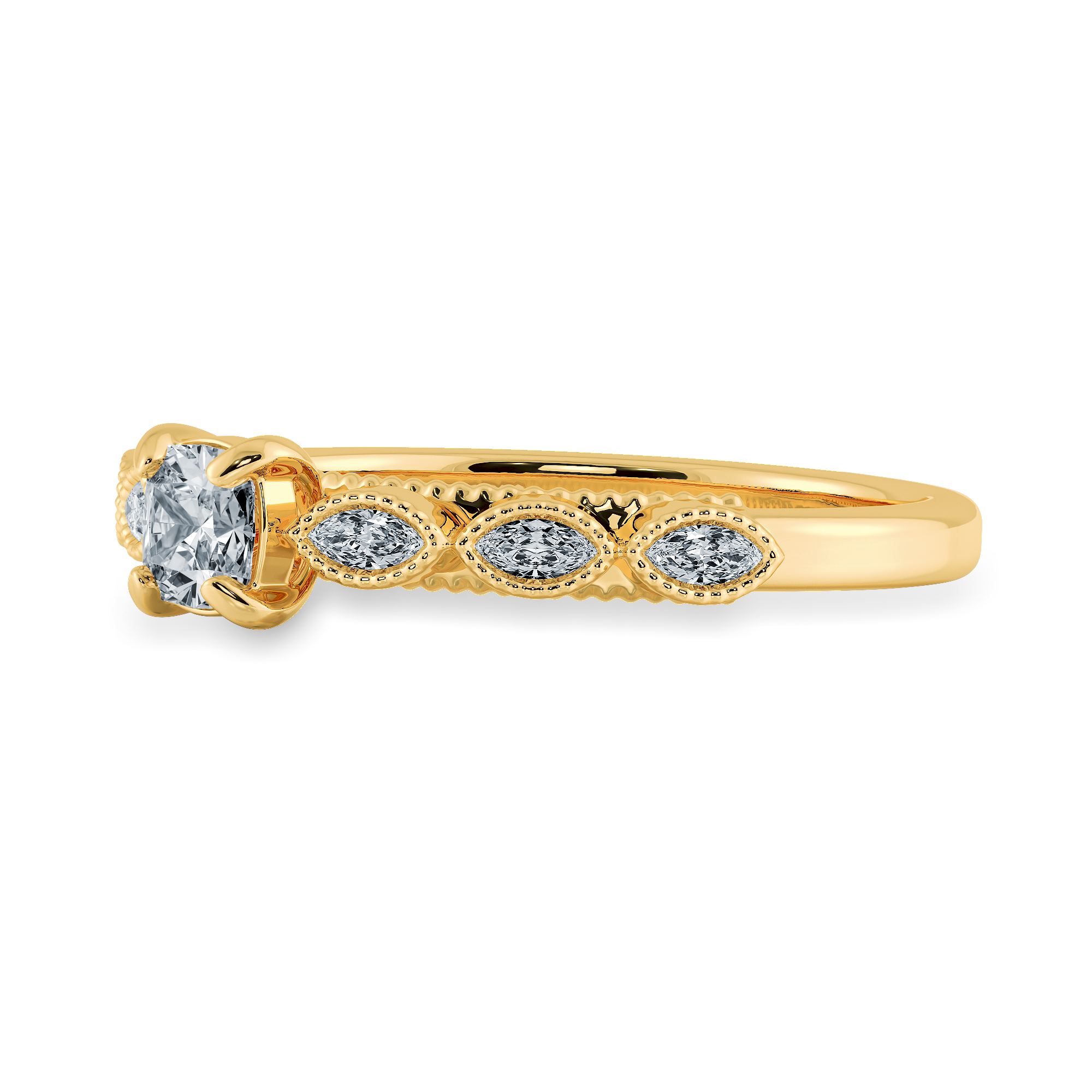 0.70cts. Cushion Cut Solitaire with Marquise Cut Diamond Accents 18K Yellow Gold Ring JL AU 2013Y-B   Jewelove.US