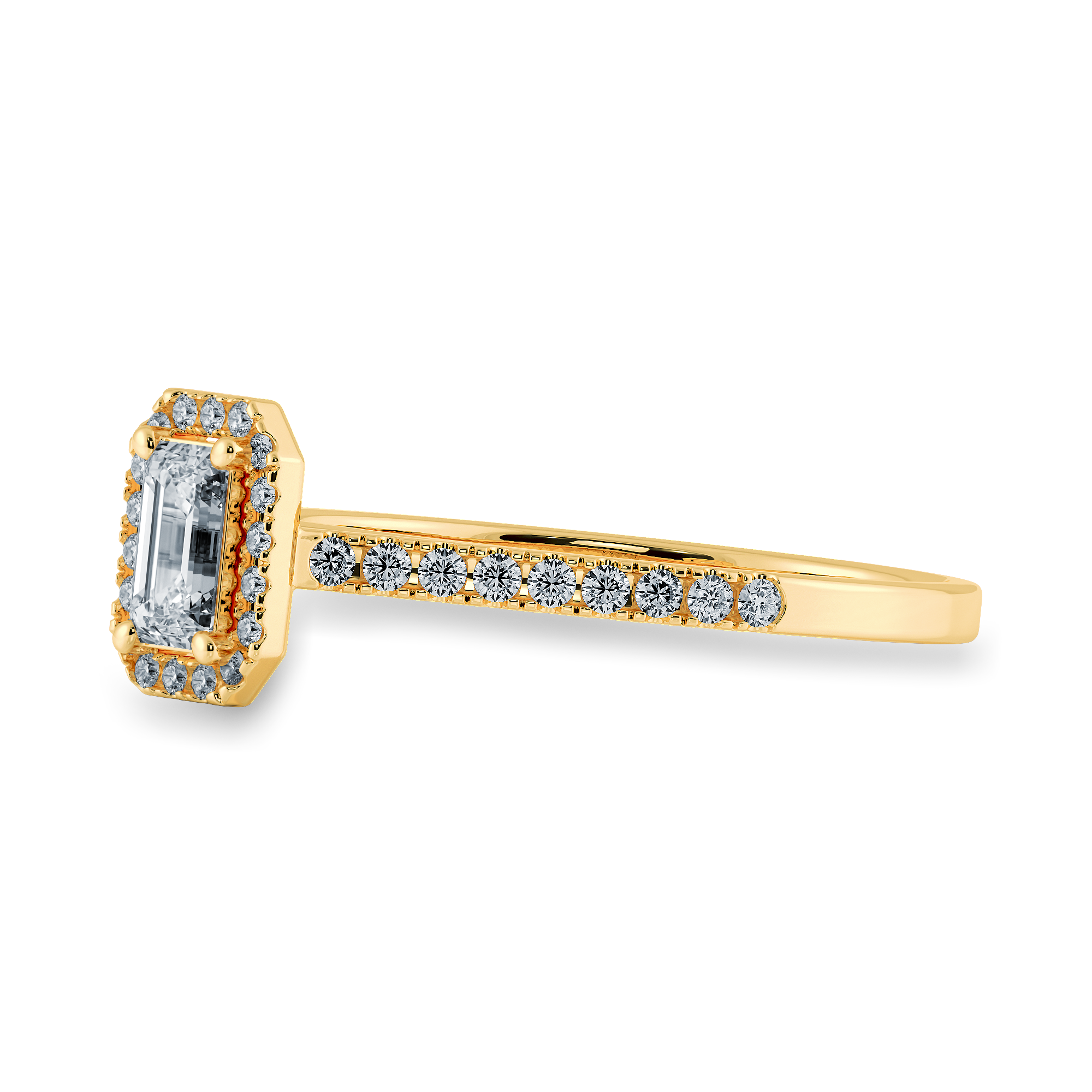 0.50cts. Emerald Cut Solitaire Halo Diamond Shank 18K Yellow Gold Ring JL AU 1197Y-A   Jewelove.US