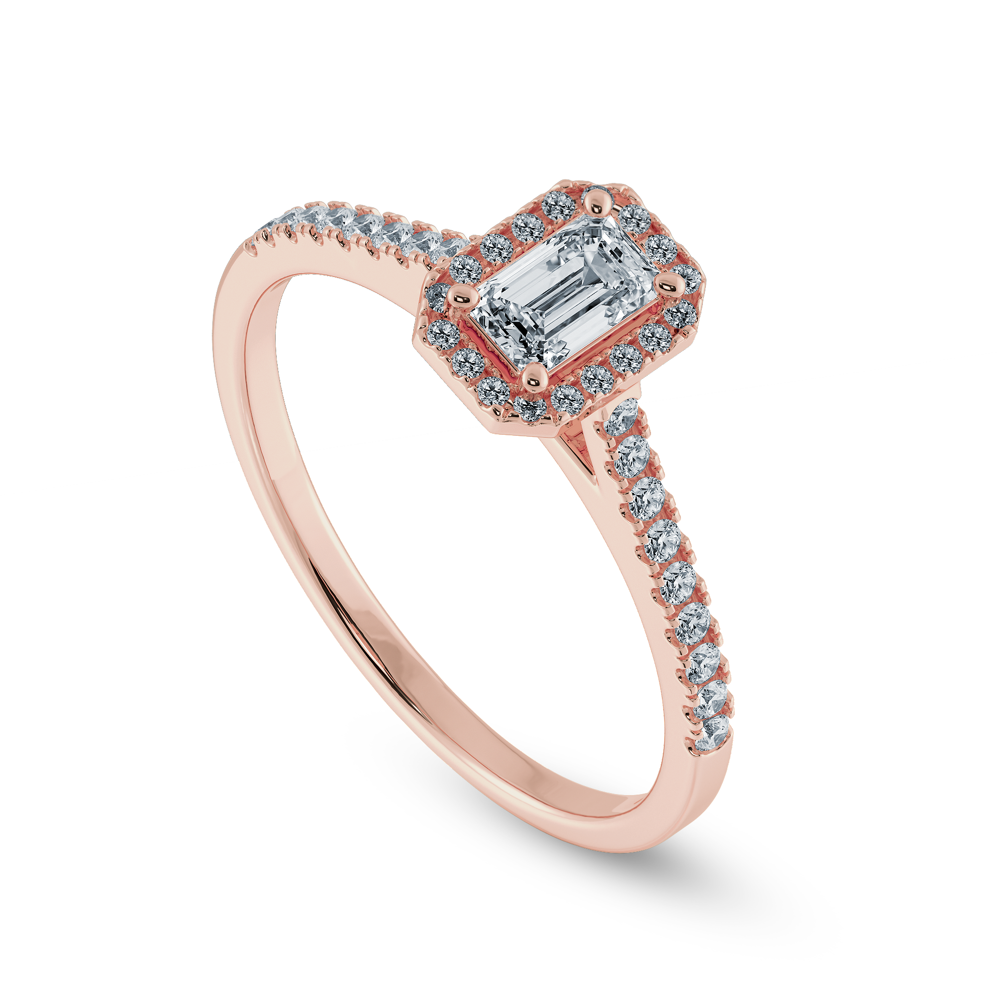 0.50cts. Emerald Cut Solitaire Halo Diamond Shank 18K Rose Gold Ring JL AU 1197R-A   Jewelove.US