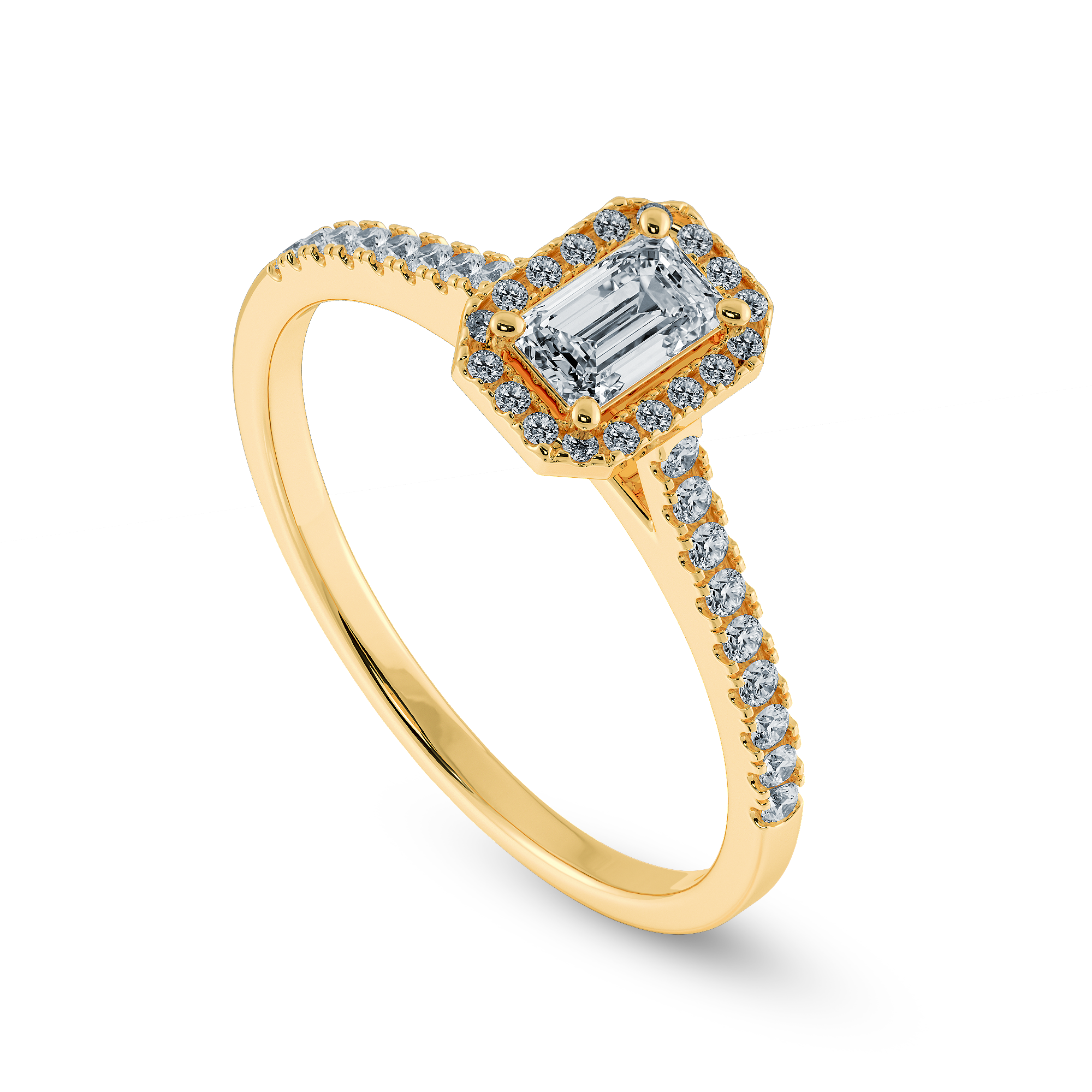 0.30cts. Emerald Cut Solitaire Halo Diamond Shank 18K Yellow Gold Ring JL AU 1197Y   Jewelove.US