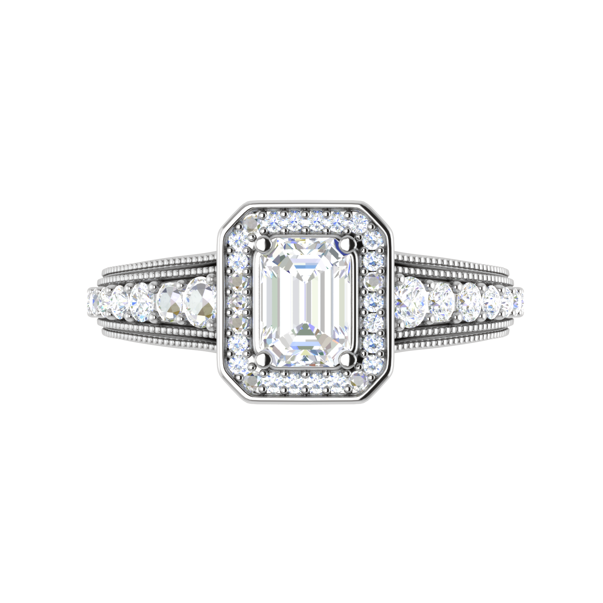 0.50cts. Emerald Cut Solitaire Halo Diamond Shank Platinum Ring JL PT WB6010E   Jewelove.US