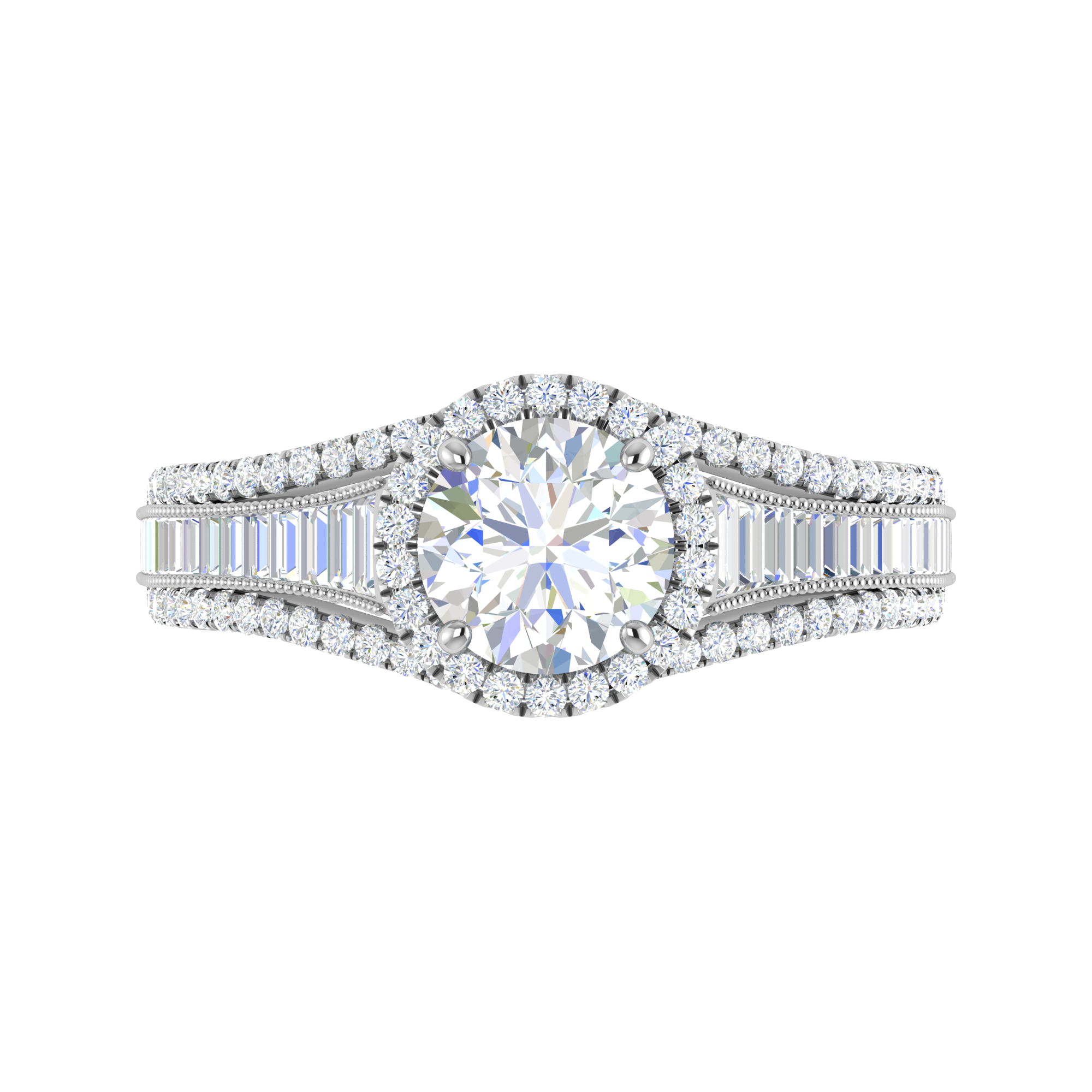 0.50cts Solitaire Halo Diamond Split Shank Baguette Platinum Ring JL PT WB5929E   Jewelove.US