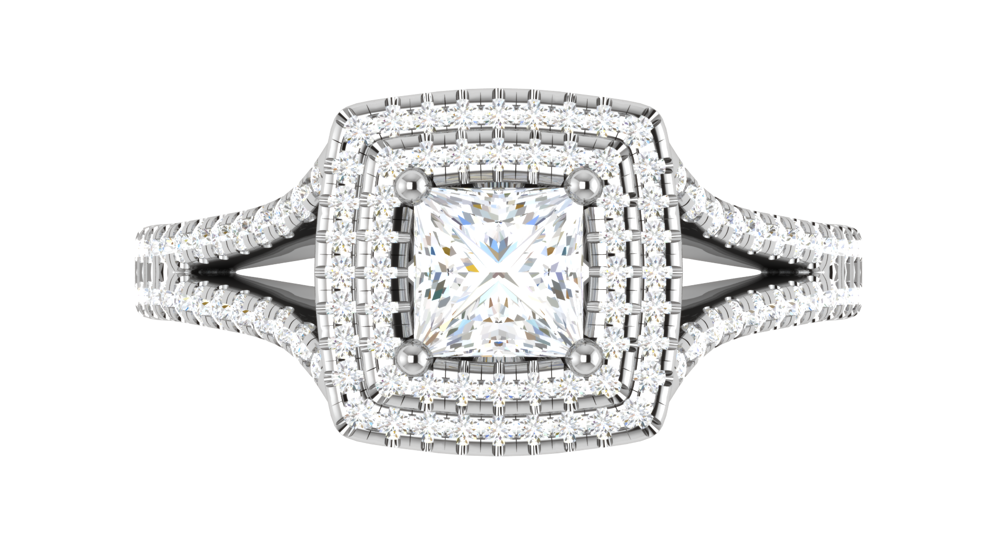 0.70 cts Princess Cut Solitaire Square Double Halo Diamond Split Shank Platinum Ring JL PT RH PR 116   Jewelove.US