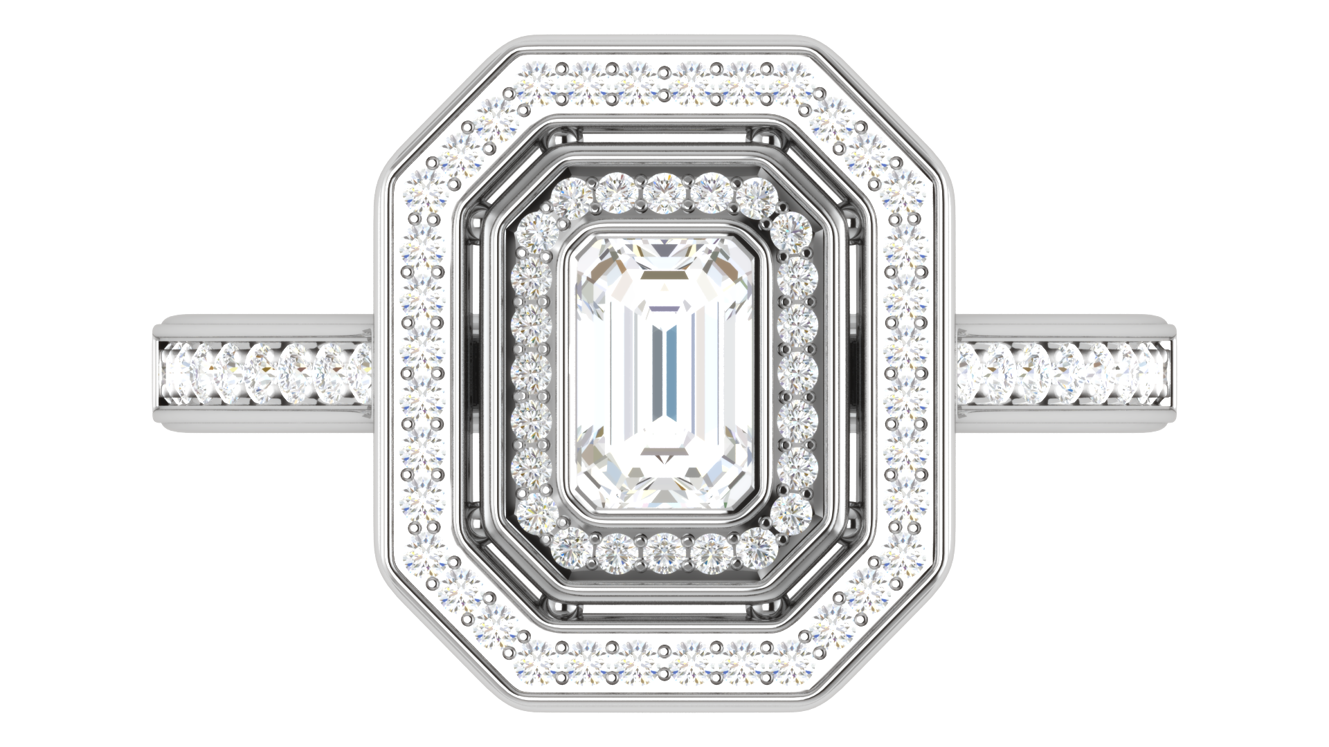 0.50cts Emerald Cut Solitaire Double Halo Diamonds Shank Platinum Ring JL PT RH EM 248   Jewelove.US