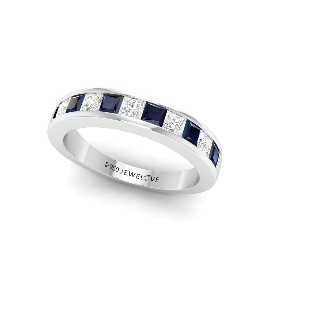 Platinum Blue Sapphire Diamond Princess Cut Wedding Ring JL PT 1012