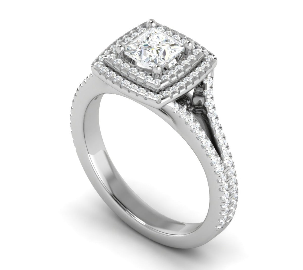 0.70 cts Princess Cut Solitaire Square Double Halo Diamond Split Shank Platinum Ring JL PT RH PR 116   Jewelove.US