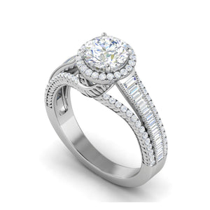 0.50cts Solitaire Halo Diamond Split Shank Baguette Platinum Ring JL PT WB5929E   Jewelove.US