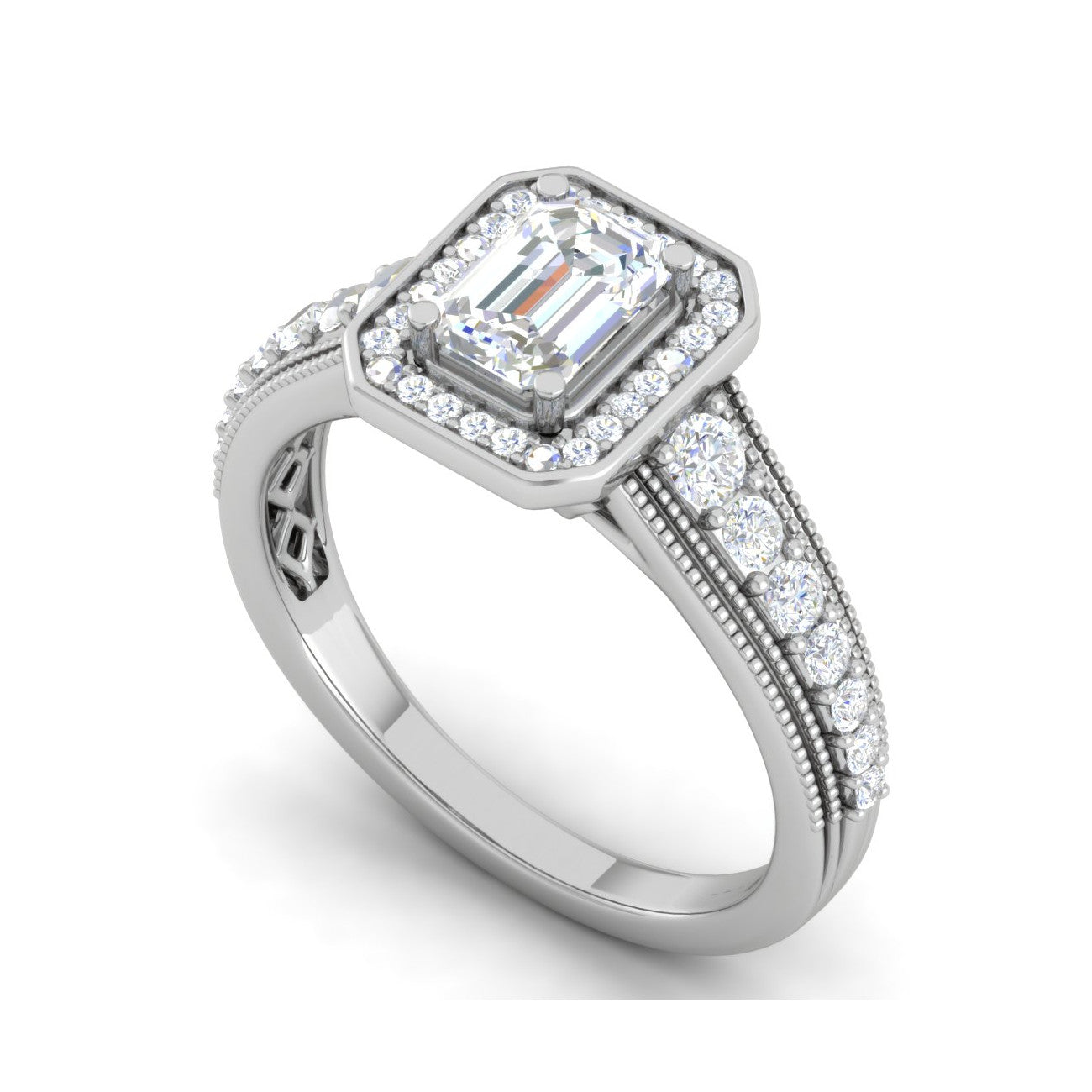 0.50cts. Emerald Cut Solitaire Halo Diamond Shank Platinum Ring JL PT WB6010E   Jewelove.US