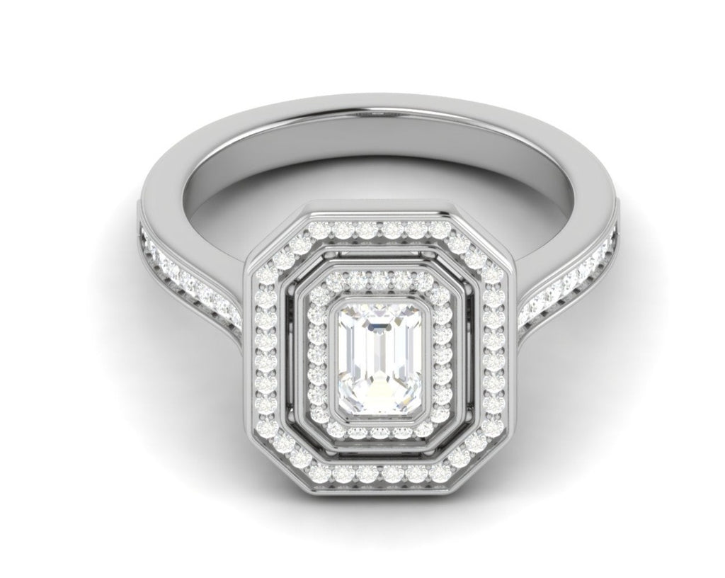 0.50cts Emerald Cut Solitaire Double Halo Diamonds Shank Platinum Ring JL PT RH EM 248   Jewelove.US