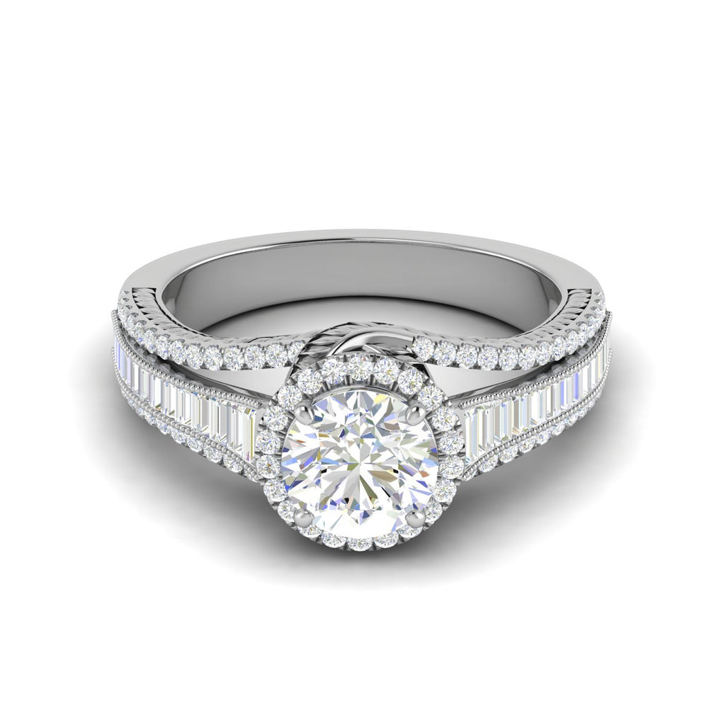 0.50cts Solitaire Halo Diamond Split Shank Baguette Platinum Ring JL PT WB5929E   Jewelove.US