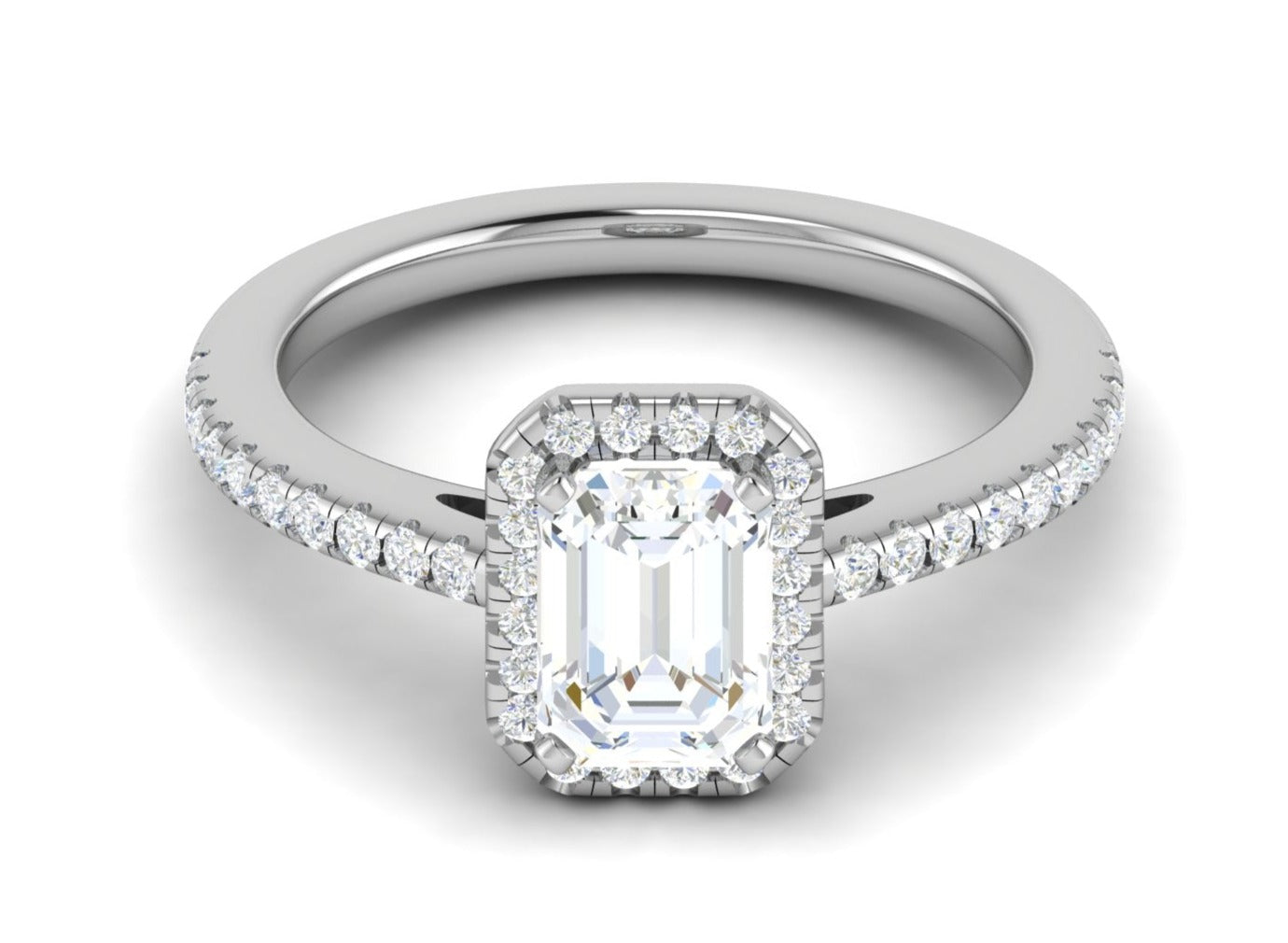 0.70cts Emerald Cut Diamond Halo Diamond Shank Platinum Ring JL PT RH EM 120   Jewelove.US