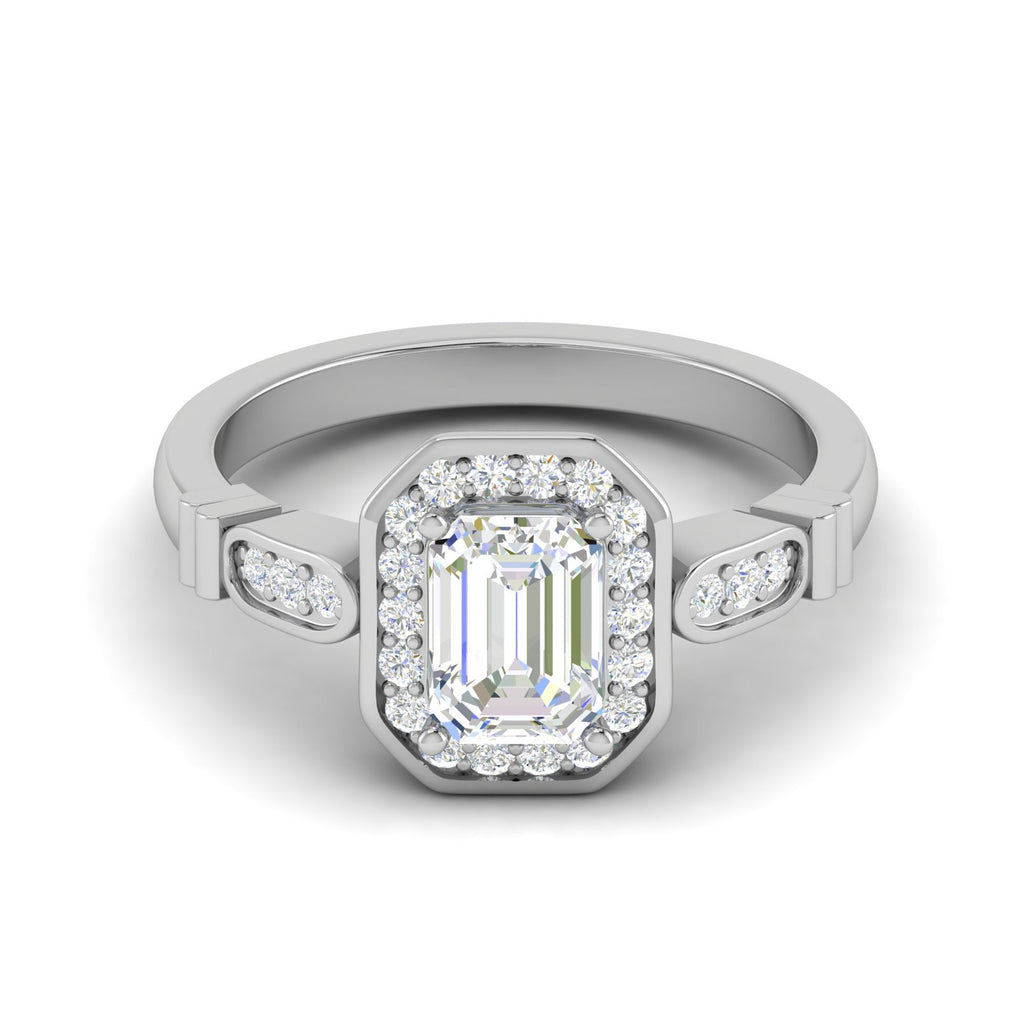 0.50 cts. Emerald Cut Solitaire Halo Diamond Shank Platinum Ring JL PT RM EM 160   Jewelove.US