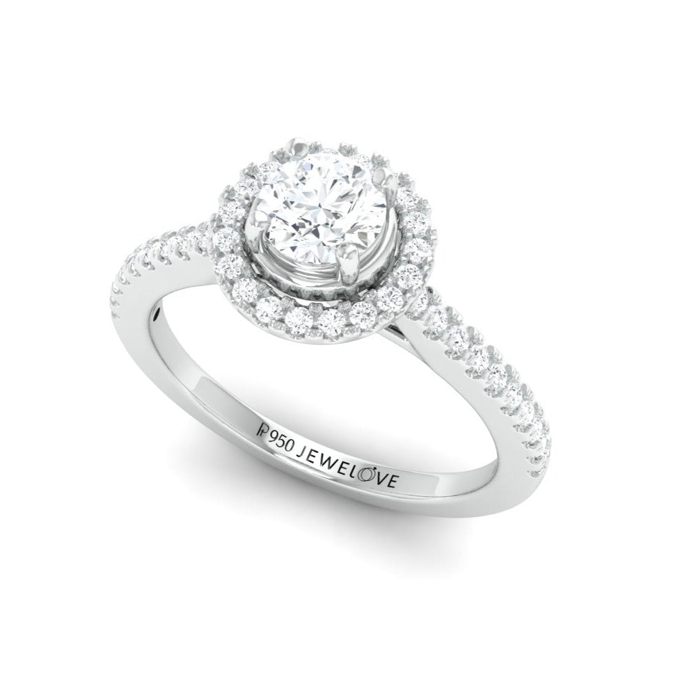 50-Pointer Platinum Halo Solitaire Ring with Diamond Shank for Women JL PT 977
