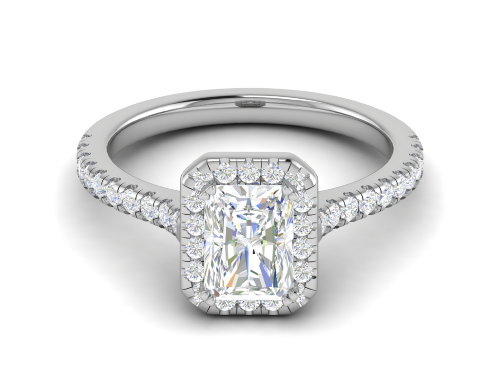 0.70 cts Emerald Cut Solitaire Halo Diamond Shank Platinum Ring JL PT RH RAD 136   Jewelove.US