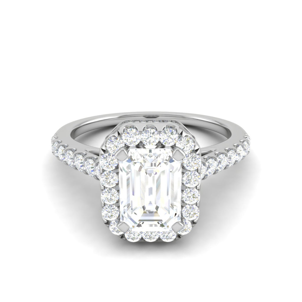 0.50 cts. Emerald Cut Solitaire Halo Diamond Shank Platinum Ring JL PT WB5879E   Jewelove.US