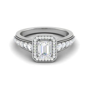 0.50cts. Emerald Cut Solitaire Halo Diamond Shank Platinum Ring JL PT WB6010E   Jewelove.US