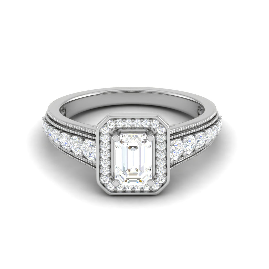 0.70 cts Emerald Cut Solitaire Halo Diamond Shank Platinum Ring JL PT JRW2824MM   Jewelove.US