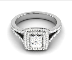 0.70 cts Princess Cut Solitaire Square Double Halo Diamond Split Shank Platinum Ring JL PT RH PR 116   Jewelove.US