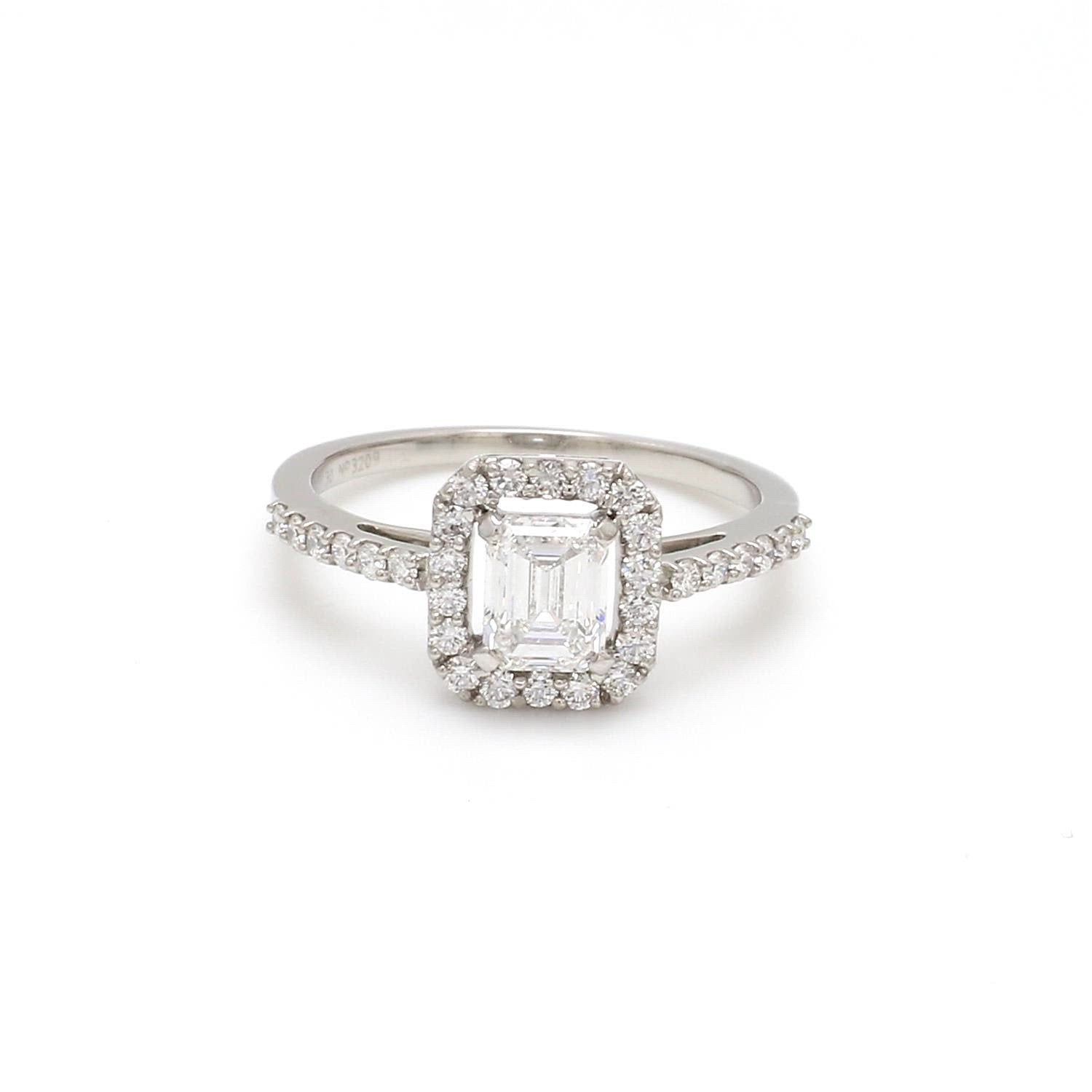 0.70 cts. Emerald Cut Solitaire Ring in Platinum Halo Setting JL PT 469-A