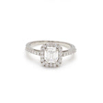 Load and play video in Gallery viewer, 0.70 cts. Emerald Cut Solitaire Ring in Platinum Halo Setting JL PT 469-A
