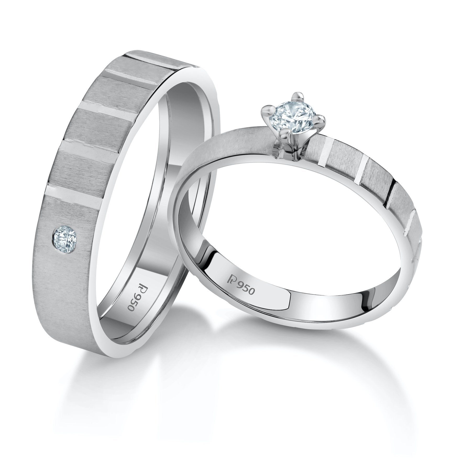 A Mighty Match Matte Finish Platinum Couple Rings with Single Diamonds JL PT 953  Both Jewelove.US