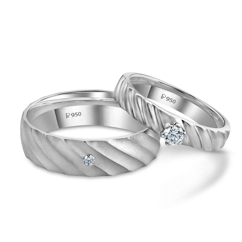 Two to Triumph Designer Matte Finish Platinum Couple Rings with Single Diamonds JL PT 956  Both Jewelove.US