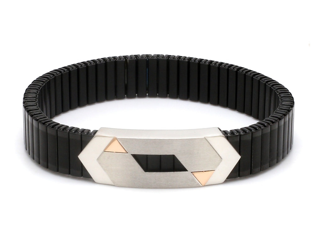 Platinum & Rose Gold Black Band Bracelet for Men - Flexible  JL PTB 1088   Jewelove.US