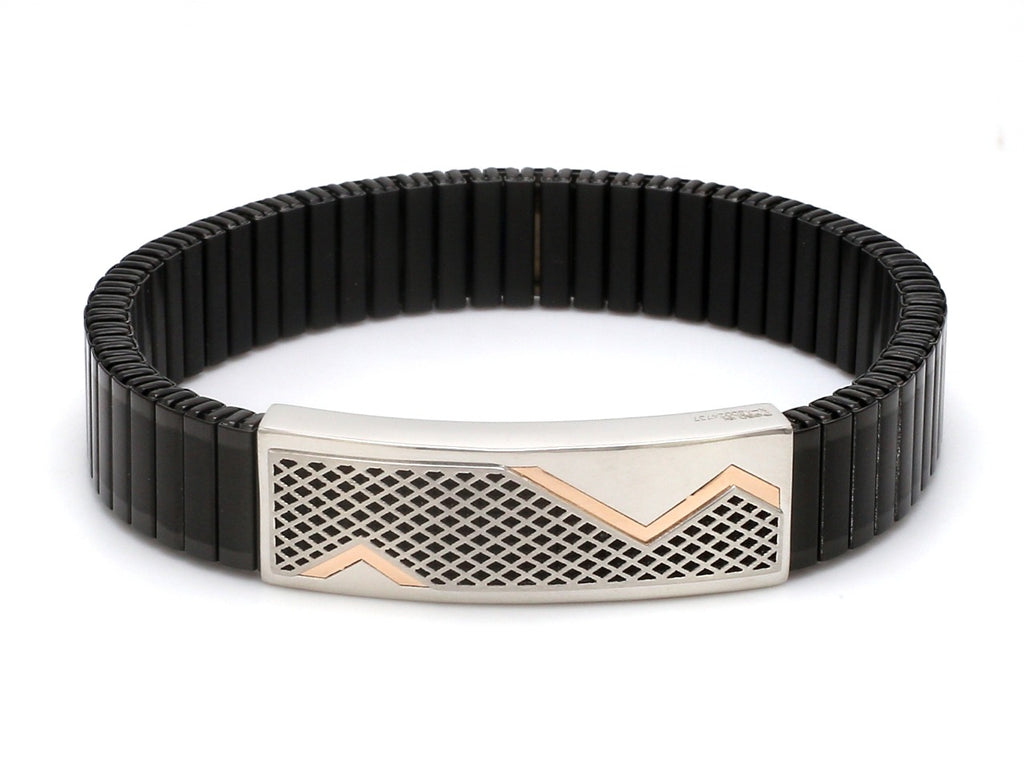 Platinum & Rose Gold Black Band Bracelet for Men - Flexible JL PTB 1089   Jewelove.US