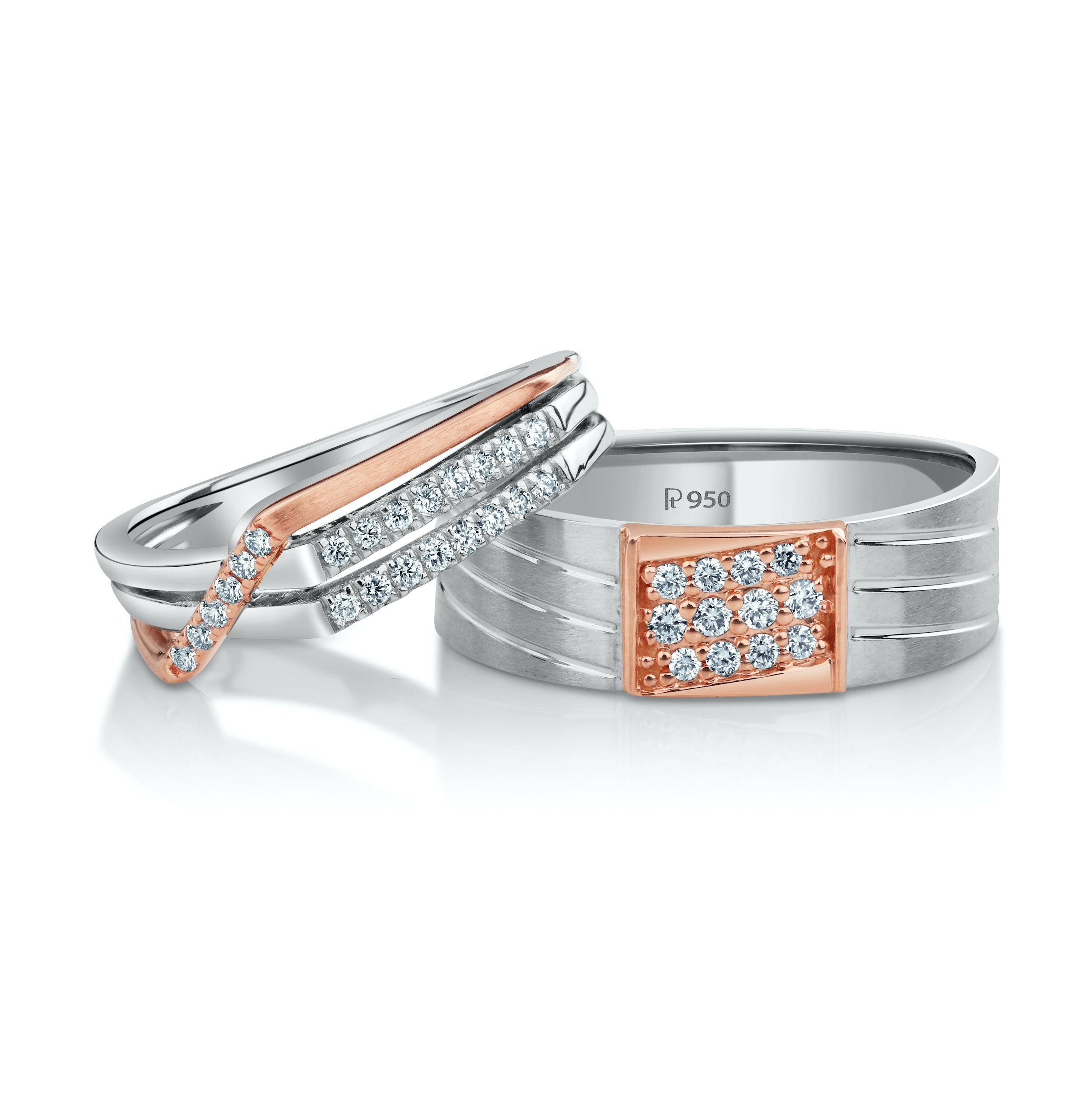 Parallel Paths Platinum Couple Rings with Rose Gold & Diamonds JL PT 966