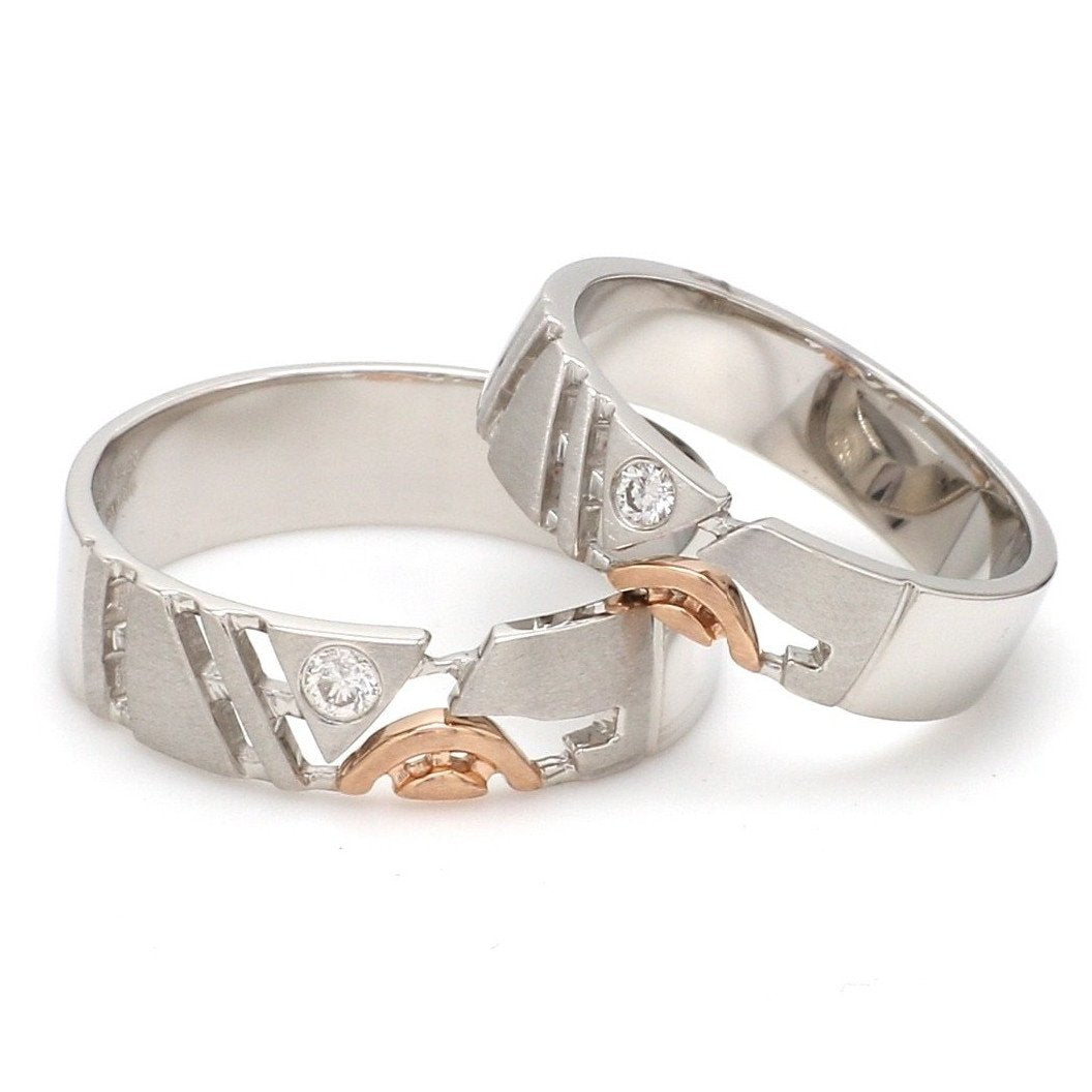 Customised Platinum & Rose Gold Couple Rings with Single Diamonds   Jewelove.US